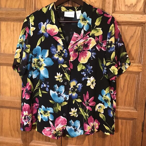Alfred Dunner Women's 16 Black Floral Blouse Short Sleeve Button-Up Lined Top - Picture 1 of 7